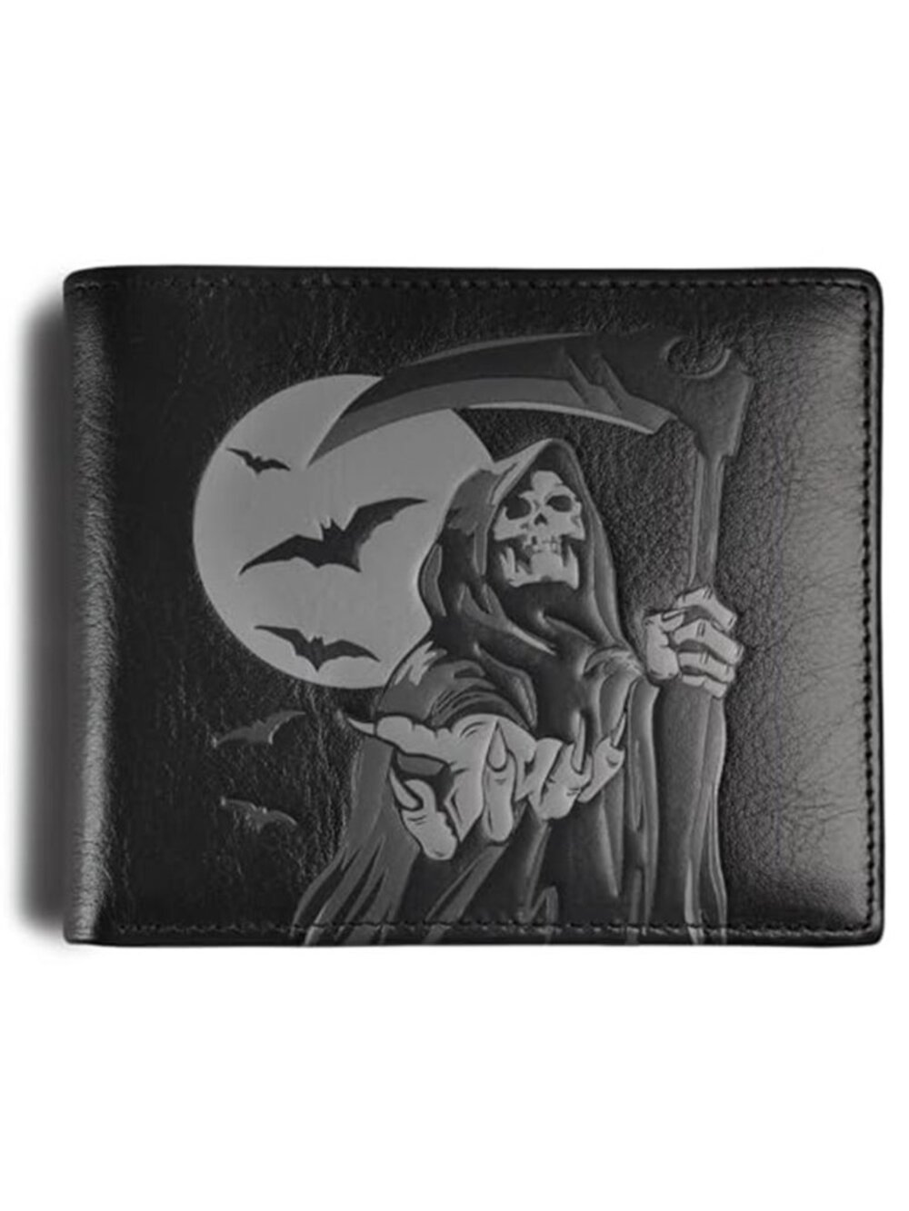 New Gothic Mens Wallets Bifold Grim Reaper Soft Genuine Leather Black Wallet For